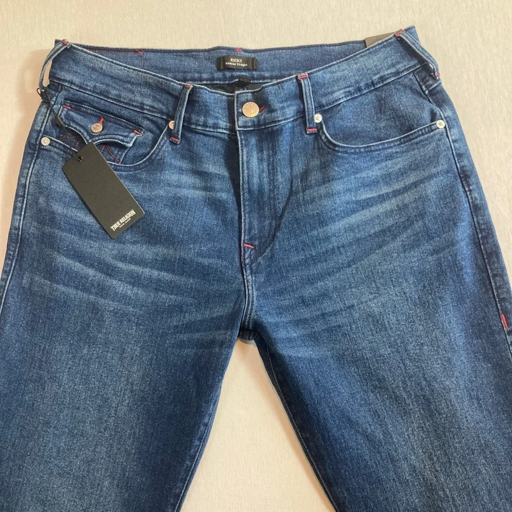 NEW True Religion Jeans Men 36x32 Ricky Relaxed Straight Dark Shivering Wash NWT